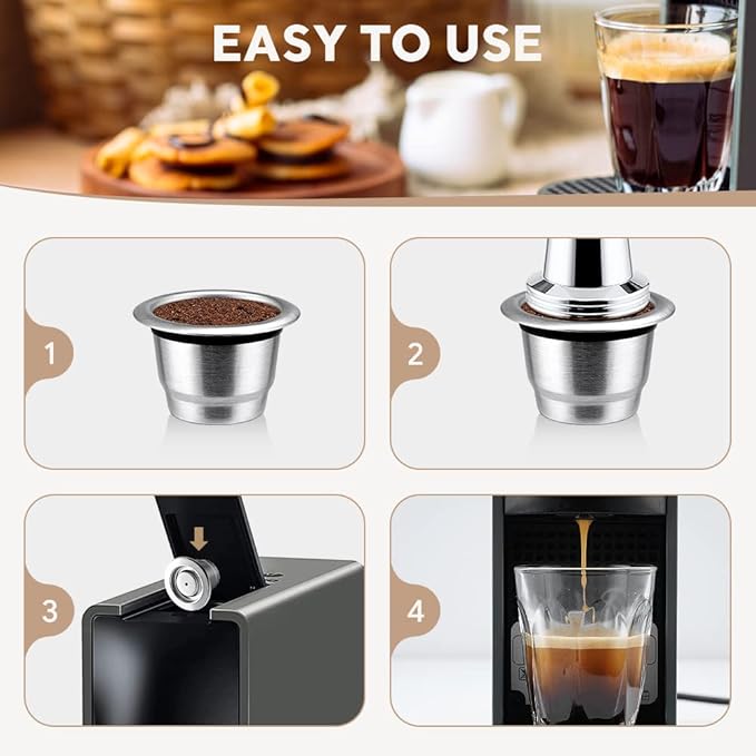 Stainless Steel Refillable Coffee Espr*sso Capsules, Reusable Coffee Pods Compatible with Nespresso Original Line Brewers 4Y Crema New Generation (3 Capsules + 1 Tamper)