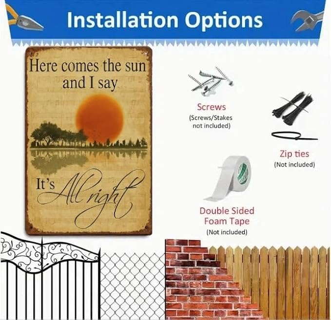 Rustic Retro Metal Tin Sign "Here Comes The Sun And I Say It's All Right", Vintage Decorative Wall Art, 8x12inch/20x30cm, Country Style Indoor/Outdoor Decor - Image 9
