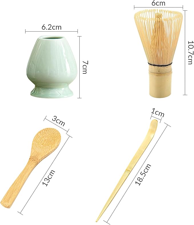 Traditional Japanese Matcha Tea Whisk Set, 4 Piece Bamboo Ceremonial Kit with Ceramic Holder (Celadon)