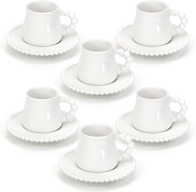Coffee Cup Set of 6 with Saucers, 3.5 OZ Ceramic Espresso Cups, Elegant Deco Turkish Coffee Cup Gift for Cappuccino, Latte, Cafe Mocha and Tea, Dishwasher & Microwave Safe (Pearl White)