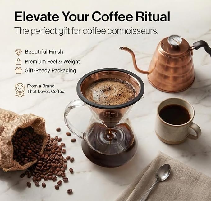 Barista Warrior Reusable Coffee Filter - Stainless Steel Pour Over Dripper, Compatible for Chemex, Hario V60 & Drippers, Easy to Clean Flavorful Brew Fine Mesh Coffee Filter - Copper