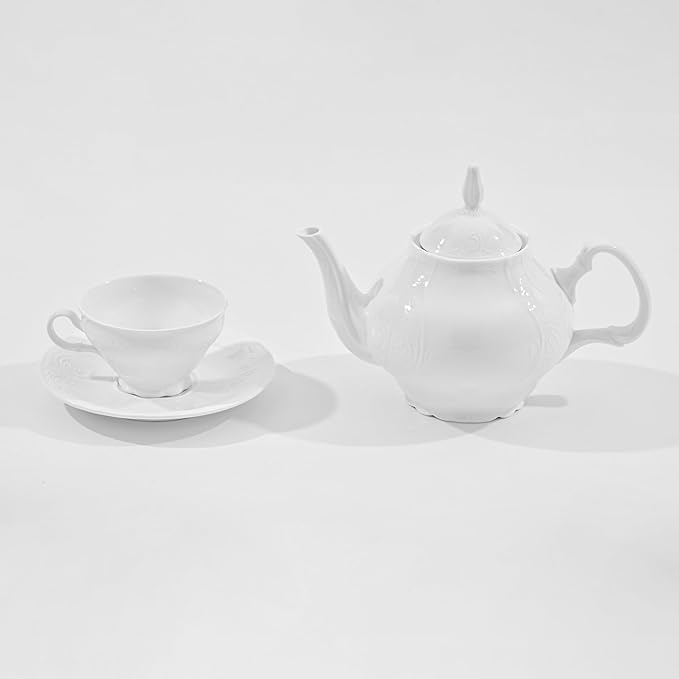 White Fine Porcelain 7 Oz Teacup Saucer Set, Sculpture Surface, Light Weight, Set of Four