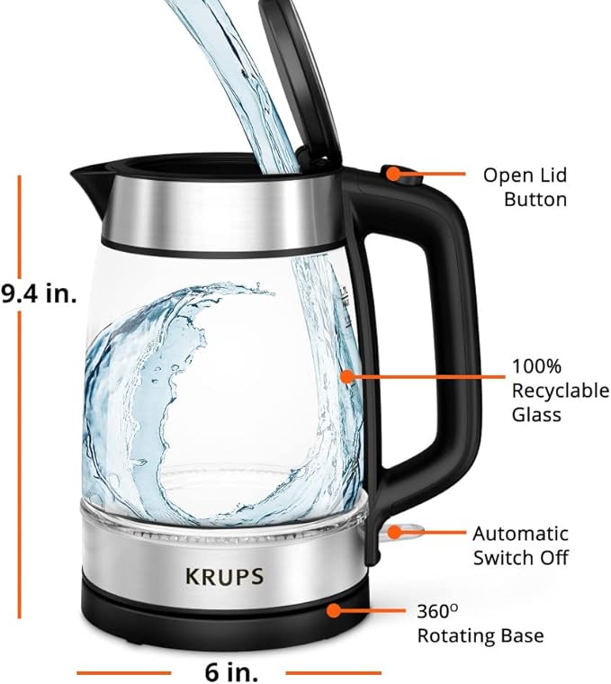 KRUPS 1.7L Glass Electric Kettle: Fast-Boiling 1500W with LED Indicator, Anti-Scale Filter, Auto Shut-Off, and Cordless Design - Boil 1 Cup in 80 Seconds for Perfect Tea and Coffee