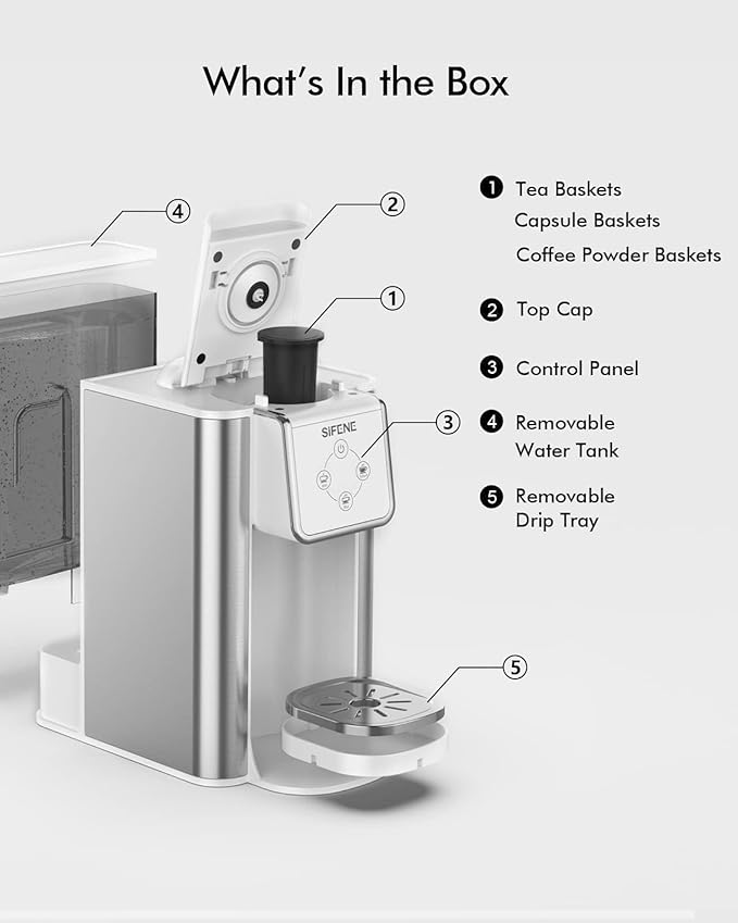 Single Serve Coffee Maker, 3-in-1 Pod, Ground Coffee & Loose Leaf Tea Brewer, Fast Brew White Coffee Machine with 1.5L Water Tank, Compact One Cup Coffee Maker for Home Office Travel