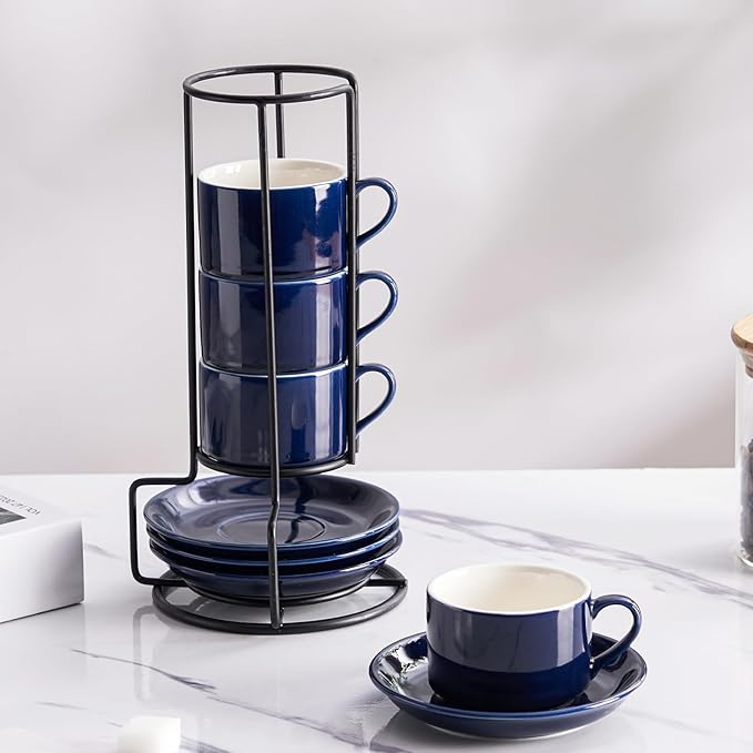 8oz Porcelain Stackable Cappuccino Cups with Saucers and Metal Stand Set of 4, Cappuccino Cups Set of 4, Blue Coffee Cups for Espresso, Specialty Coffee Drinks, Latte, Americano and Tea