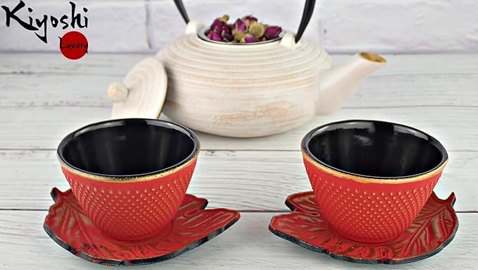 4pc Japanese Tea Cups Set. Red and Gold Cast Iron Tea Cup Set, 2 Tea Cups and Saucers. 4oz Teacup Set For Any Japanese Tea Set or Teapot.