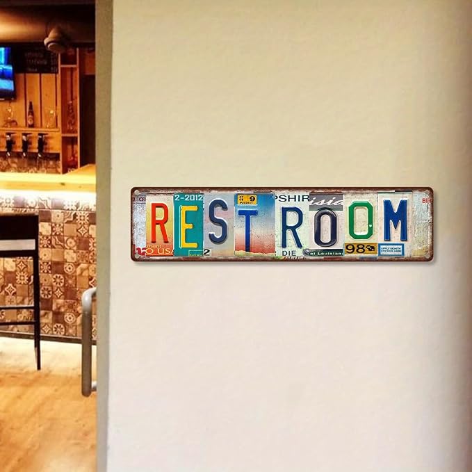 Vintage License Plate RESTROOM Sign – 16x4 Inch Rustic Tin Wall Decor for Bathroom, Guest Toilet, Washroom, Commercial Restroom or Farmhouse Style Spaces - Image 7