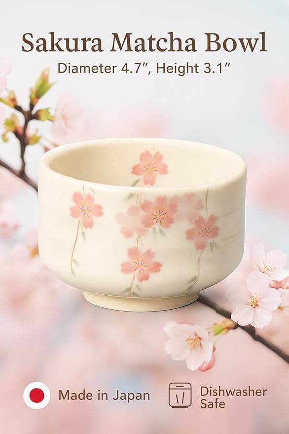 JapanBargain, Japanese Porcelain Matcha Bowl, Handcrafted Tea Ceremony Chawan, Zen-Style Green Tea Whisking Bowl, Made in Japan by Folk Artisans, Cream White/Sakura