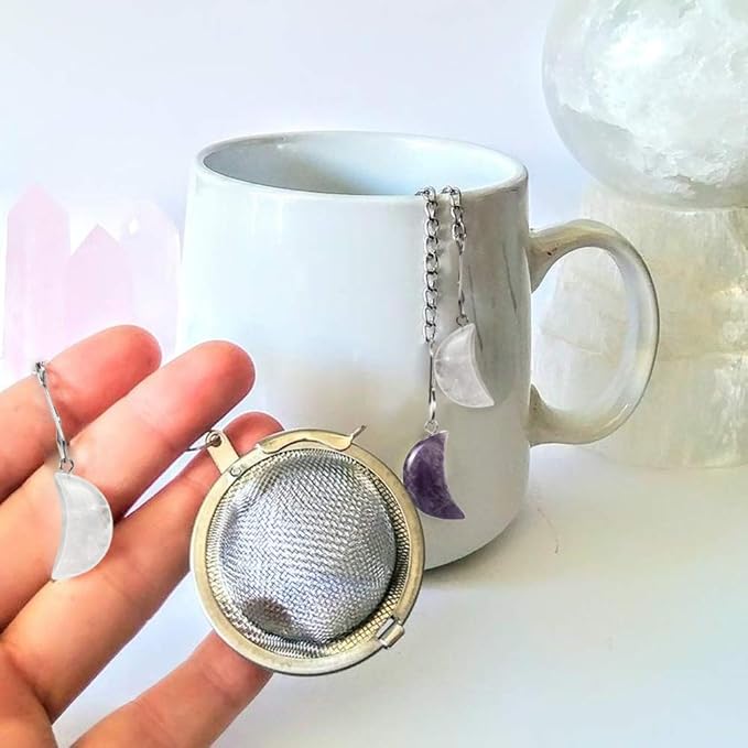 2pcs Tea Strainers, Scdom Stainless Steel Ball Mesh Tea Infusers, Amethyst & White Crystal Moon Pendant Tea Ball Tea Filter with Extended Chain Hook for Brew Fine Loose Tea and Spices & Seasonings