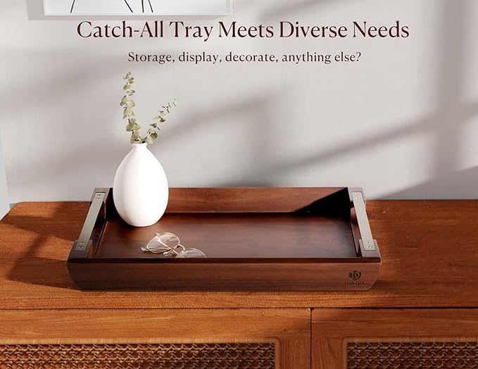 Acacia Wood Serving Tray with Metal Handles, 17x13in Food Drinks Tray for Coffee Table, Breakfast, Dinner & Bar, Rustic Decorative Storage Tray for Ottoman, Kitchen, Elegent Gift Packaging