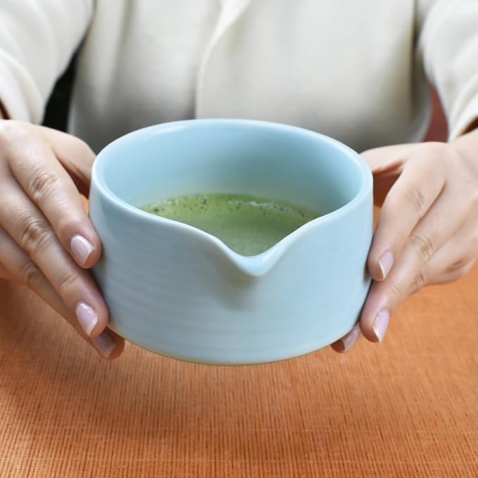 Artcome Matcha Tool Set - Complete Kit with Matcha Bowl with Spout, Bamboo Whisk, Tea Scoop, Whisk Holder, Scoop Holder, Tea Cloth & Powder Strainer, Celadon Blue