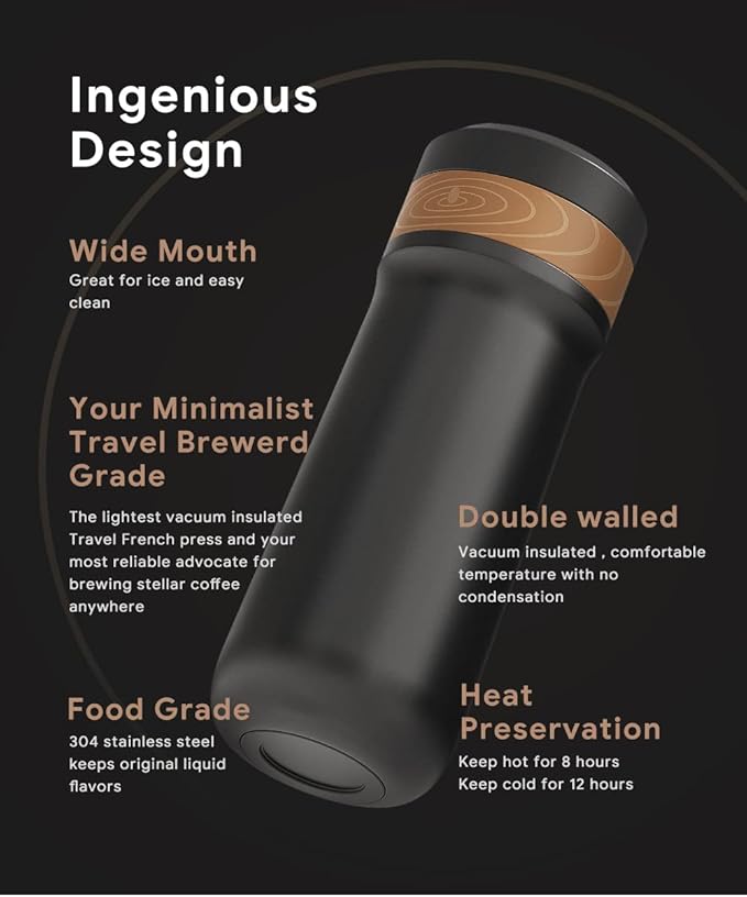 Portable French Press Coffee Maker Travel French Coffee Maker Stainless Steel Coffee Mug 12 oz Double Mesh Filter Great for Camping and Traveling