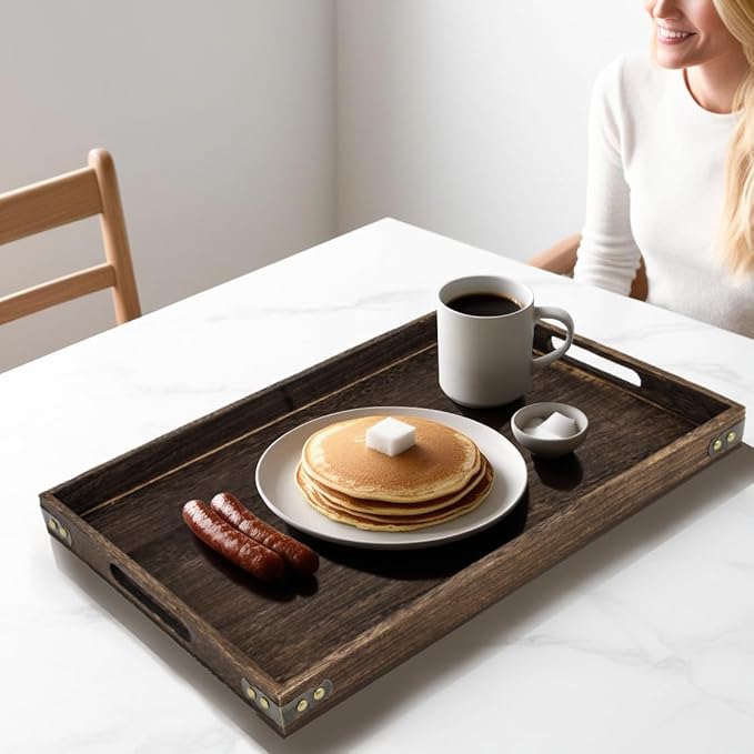 Serving Tray with Handles,15.8"x 11" Wood Decorative Tray for Living Room, Modern Coffee Table Tray, Square Large Serving Platters for Home Decor, Ottoman, Bed, Kitchen, Bathroom, Breakfast, Bar