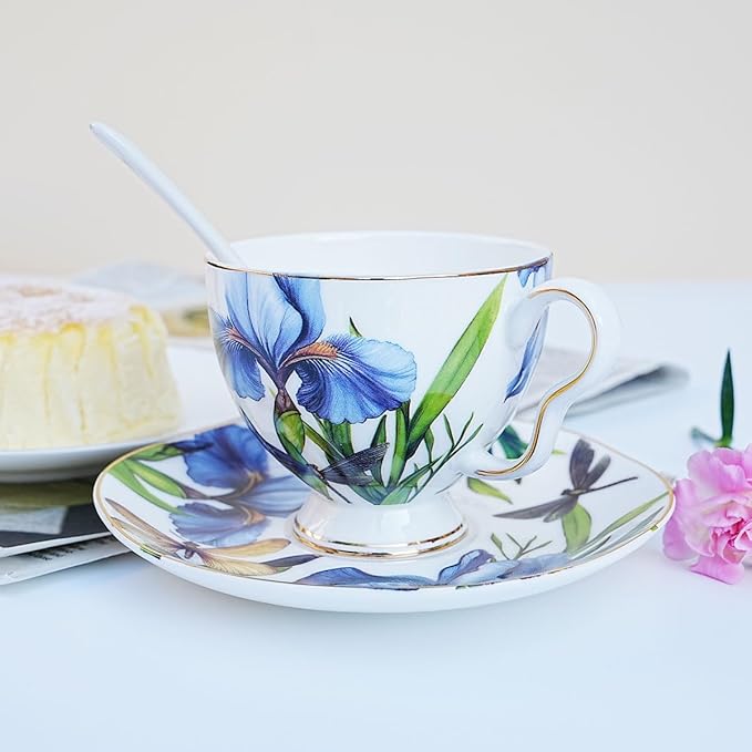 Bone China Tea Cup and Saucer Set with Spoon,Elegant Floral Tea Cup Set (7 oz),British Coffee Latte Mug for Birthday Party Christmas gift for Friends