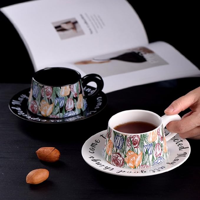 Tea Cup and Saucer Set of 2,Bone China Tulip Ceramic Coffee Cup Gift Set with Box,Latte Mug for Mother's Day Gifts(8.95 oz)