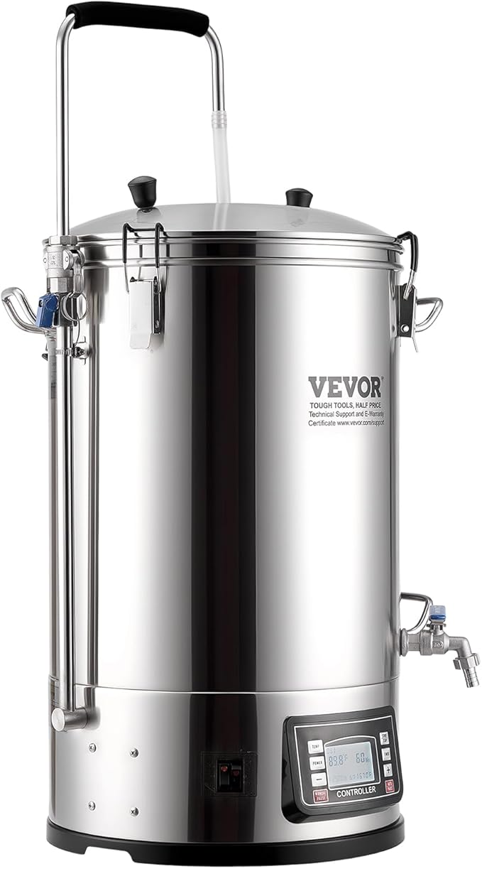 VEVOR Electric Brewing System, 9.2 Gal/35 L Brewing Pot, All-in-One Home Beer Brewer w/Pump, Mash Boil Device w/Panel, Auto/Manual Mode 100-1800W Power 25-100℃ Temp 1-180 min Timer Recipe Memory