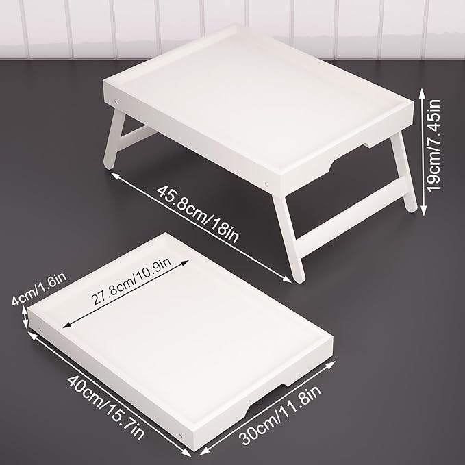 2 Pack Bamboo Bed Tray Table with Folding Legs,Breakfast Trays,Serving Tray for Food and Snack,Laptop Trays for Working(White)
