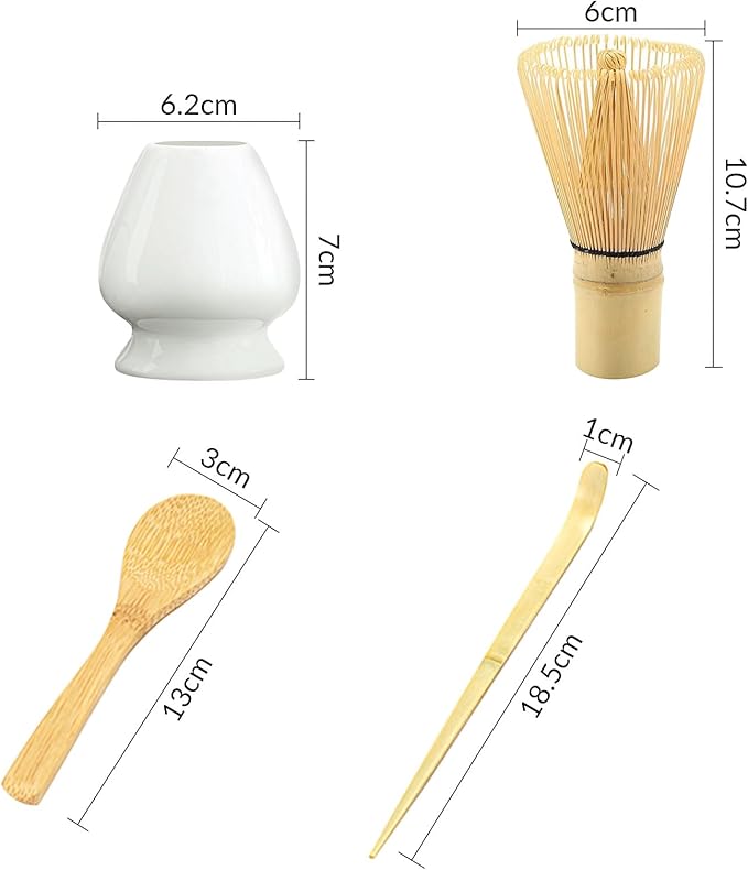 Traditional Japanese Matcha Tea Whisk Set, 4 Piece Bamboo Ceremonial Kit with Ceramic Holder (White)