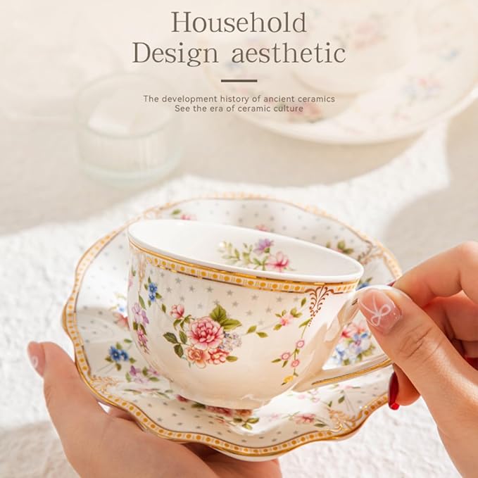 6 oz Vintage flower Ceramic cup and 6" saucer set with Brand customized stainless steel spoon Gifts for Afternoon Tea Coffee Hour(C)