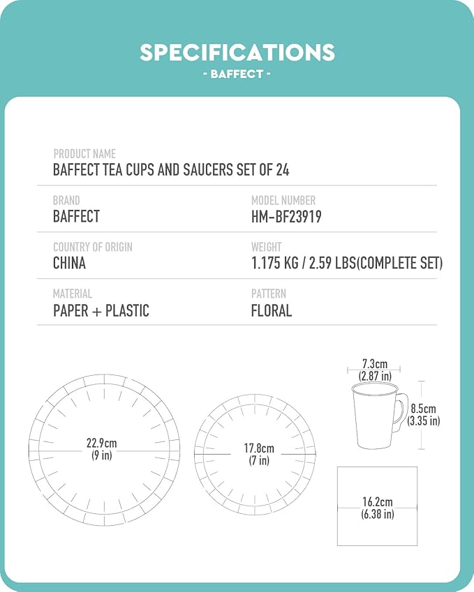 Baffect 145 Pcs Tea Party Supplies, Include Paper Tea Cups With Handle, 9" Garden Tea Party Plates, 7" Floral Saucers, Napkins, Gold Knives, Forks & 1 Disposable Tablecloth (Set Of 24, Blue & Gold)