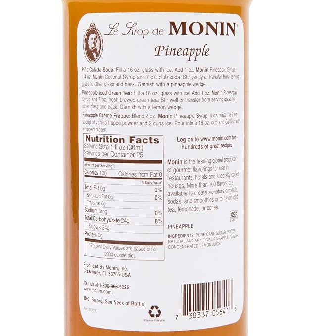 Monin - Pineapple Syrup, Sweet Tropical Flavors, Great for Teas, Sodas, & Cocktails, Natural Flavors, No Artificial Sweeteners or Ingredients, Gluten-Free, Vegan, Non-GMO, Clean Label (750ml) - Image 4