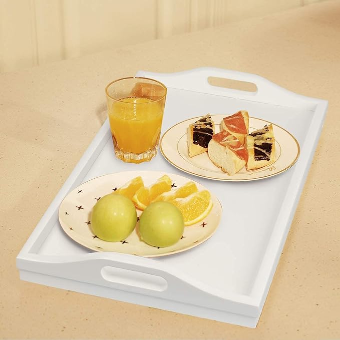 Bed Tray Table Bamboo Breakfast Food Tray with Folding Legs Kitchen Platters Serving Plate for Bed TV Table Desk Laptop Computer(White Large)
