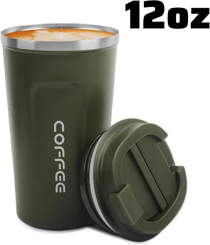 MOMSIV 12oz Travel Mug, Insulated Coffee Cup with Leakproof Lid, Vacuum Stainless Steel Double Walled Reusable Tumbler for Hot and Cold Water Coffee and Tea In Travel and Car Armygreen