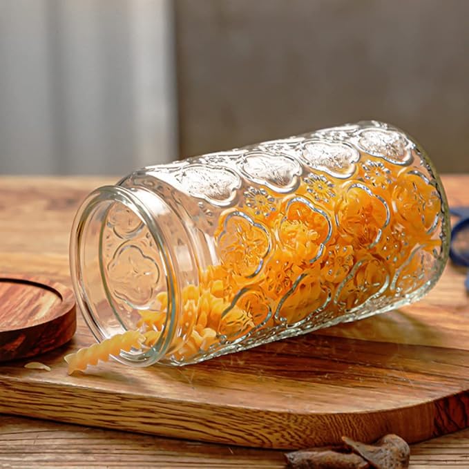 ANSQU Vintage Glass Storage Jar, 34 FL OZ Glass Food Storage Containers with Bamboo Lid, Airtight Cookie Jar Candy Jar for Kitchen Counter, Pantry, Coffee, Tea, Sugar (Round, Begonia)