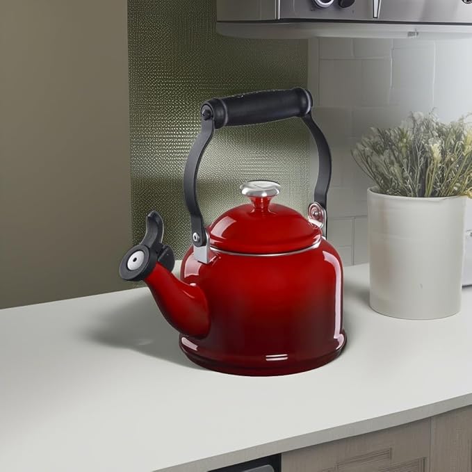 Le Creuset Enamel On Steel Demi Tea Kettle with Metal Finishes, 1.25 qt., Cerise