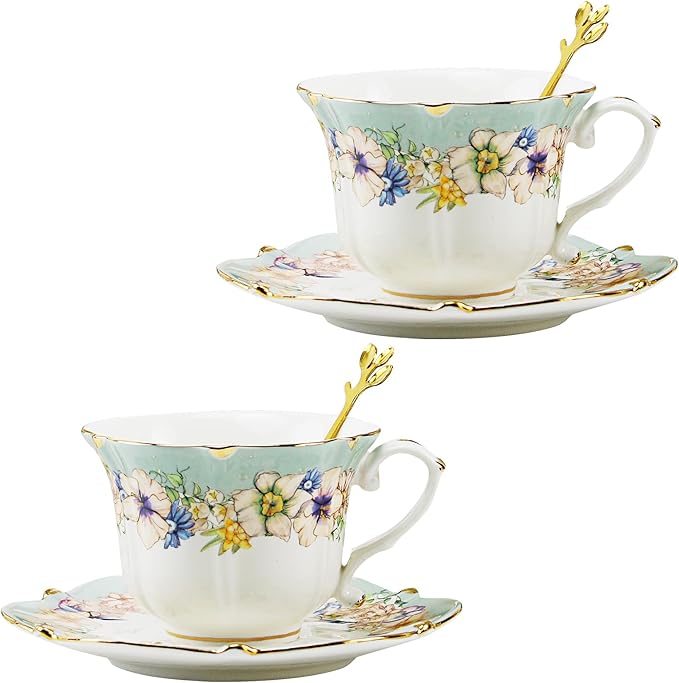 Country Roses Porcelain Tea Cup and Saucer Set with Gold Trim, Vintage Style, For Women and Tea Parties (2, Light Cyan)