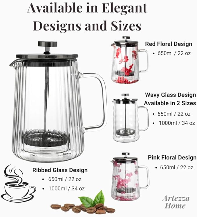 French Press Coffee Maker ā Double-Wall Borosilicate Glass | Ribbed Manual Brewer with Stainless Steel Mesh Filter for Hot & Cold Coffee or Tea (34oz /1000ml)