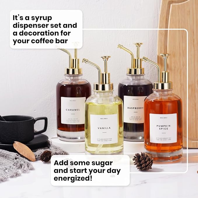 Molimoli Coffee Syrup Dispenser for Coffee Bar, Coffee Pump Dispenser, Glass Syrup Bottle w. Pump, Maple/Coffee Syrup Bottles, Set of 4 w. Labels, Gold - Image 9