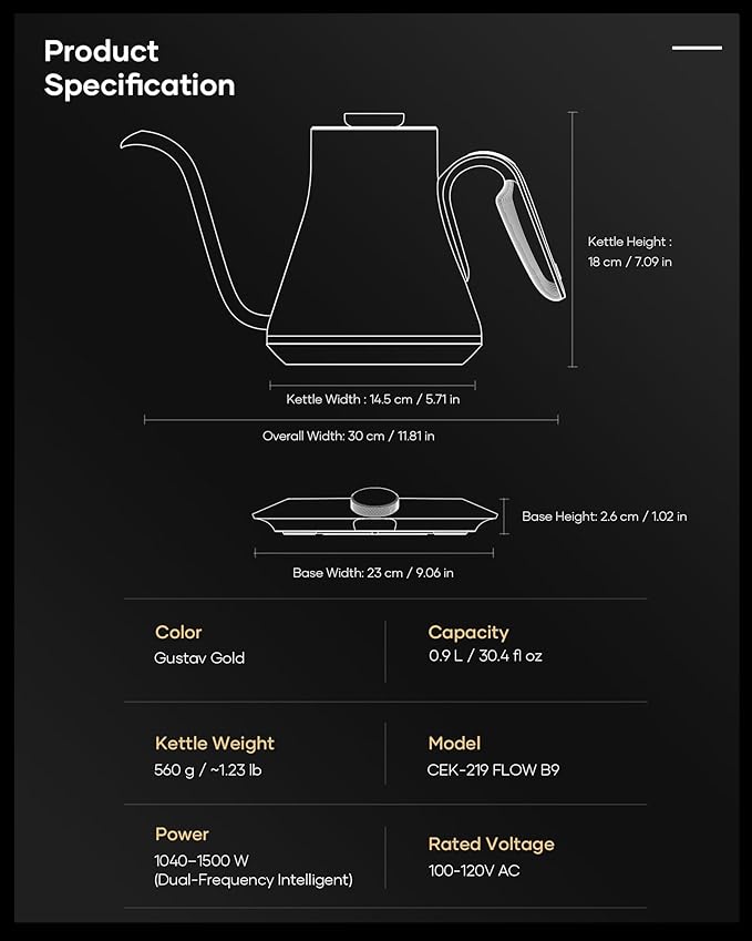 Cocinare Barista Collection Gooseneck Electric Kettle, ±1℉ Precise Temperature Control for Pour-Over Coffee & Tea, Quick Heating 1500W, Stainless Steel Interior, 0.9L (Soulages Black)