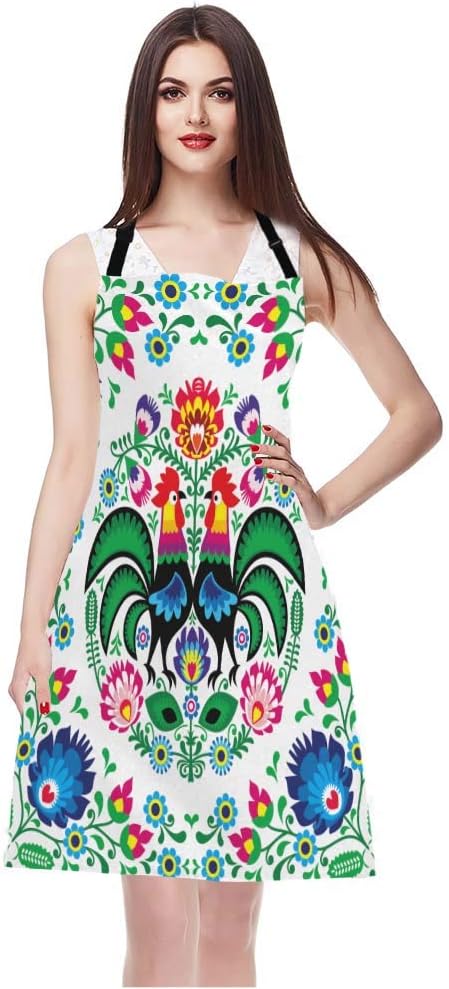 Wondertify Polish Floral Folk Art Apron,Square Pattern with Rooster Lowicz Cutouts Patterns Green Bib Apron with Adjustable Neck for Men Women,Suitable for Home Kitchen Cooking Bistro Baking BBQ Apron