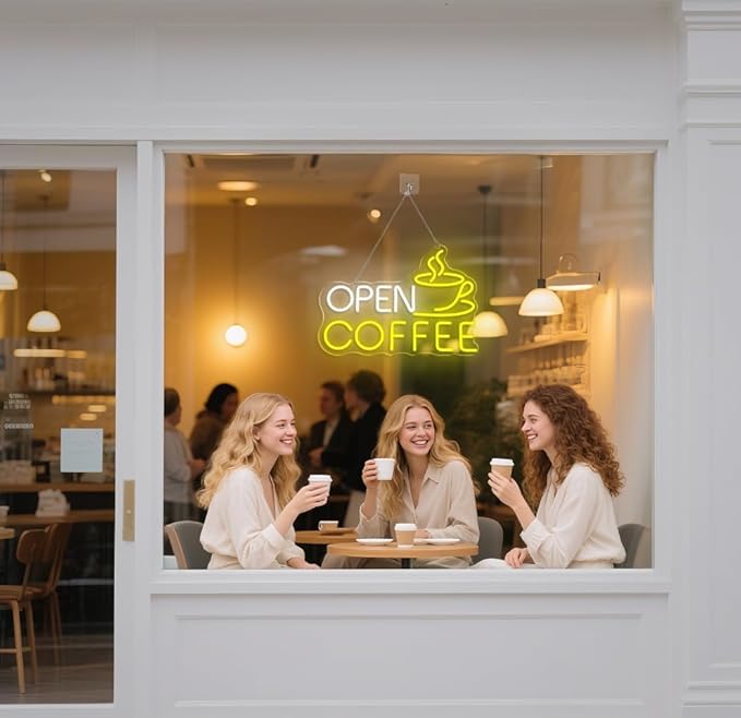Open Coffee LED Neon Sign for Shops, Home Coffee Bar Essential, Espresso Stations, Front Window, Nook Decors,10-Level Brightness Adjustable, Neon Light Sign 17Inch,Warm White and Yellow for Mother's Day Décor Gifts