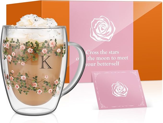 Initial Glass Cup for Women, 12oz Rose Double Walled Glass Coffee Mugs, Personalized Gifts for Women, Initial Coffee Tea Mug with Scarf, Birthday Gifts for Her Mom Friend (ROSE-A)