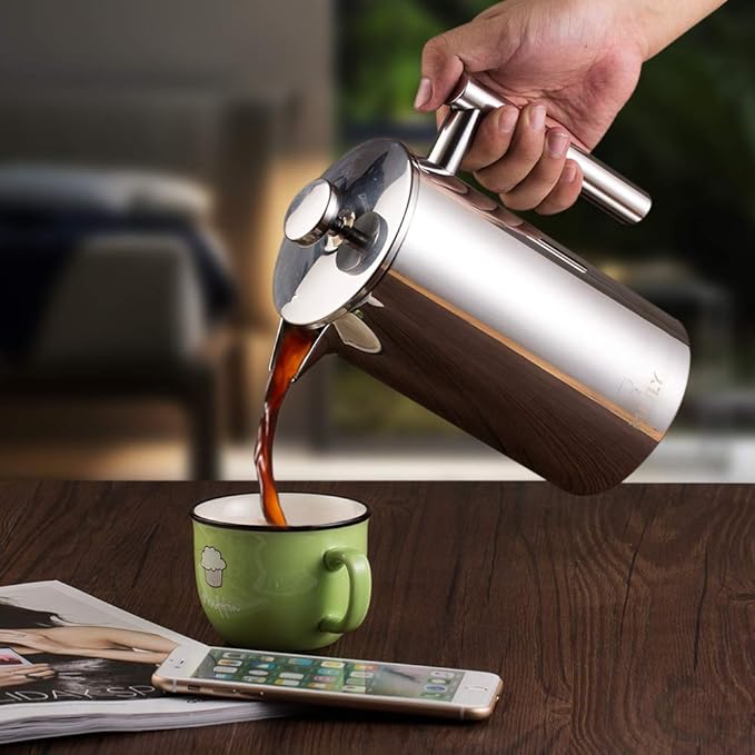 Miuly French Press 34oz, Double Insulated 304 Stainless Steel Coffee Press,Stainless Steel Coffee Maker (34oz, Sliver)