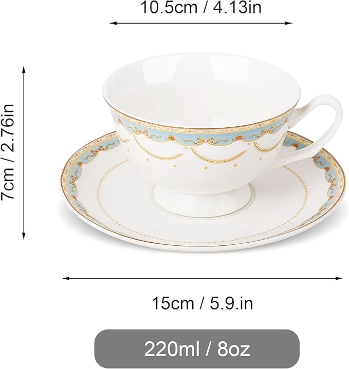 fanquare Blue Lace Teacup and Saucers Set with Gold Trim, Bone China British Coffee Cups and Saucers for Afternoon Tea Coffee Party Gifts