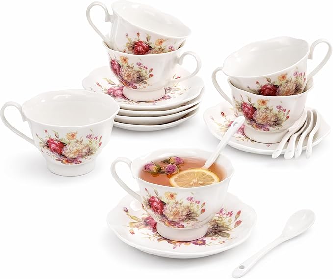 Foraineam Floral Tea Cup with Saucers and Spoons Set of 6 - Coffee Cups and Saucers with Gold Trim - 6 oz Porcelain Ivory Latte Cup and Espresso Mug for Coffee Drinks and Tea