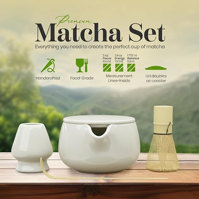 NEXTLUXE Matcha Whisk Set – Matcha Bowl and Whisk Traditional Bamboo Chasen with Ceramic Bowl, Matcha Sets, Matcha Whisk and Bowl, Matcha Starter Kit - Measurement Lines, Spoon & Lid – White