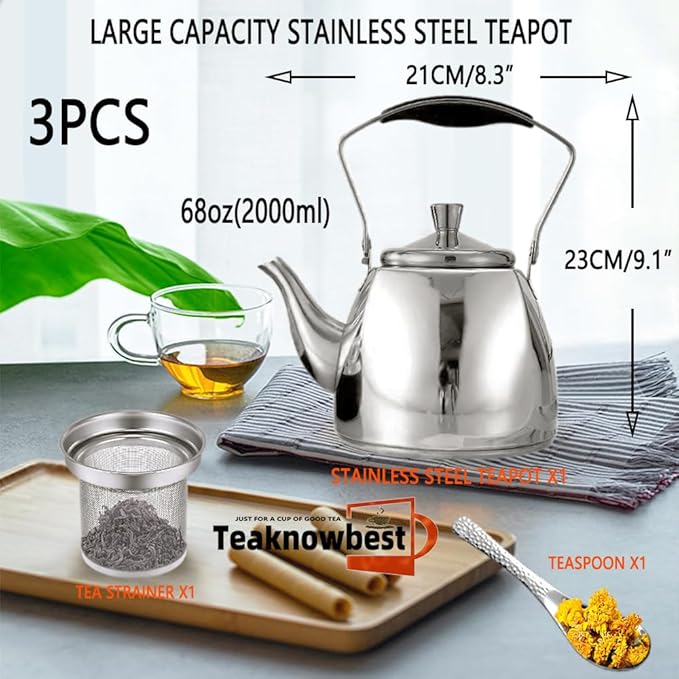 Stainless Steel Teapot with Infuser, Teapot for Loose Leaf Tea 68oz, Teapot for Stovetop, Mirror Finished, Dishwasher Safe (2000ml)