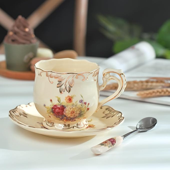 YOLIFE Tea Cup and Saucer Set, 8 oz Tea Cup Set, Teacup, Ceramic Tea Cup with Saucer Spoon, Ivory Vintage Flowering Shrubs with Gold Leaves Trim, Gifts for Women