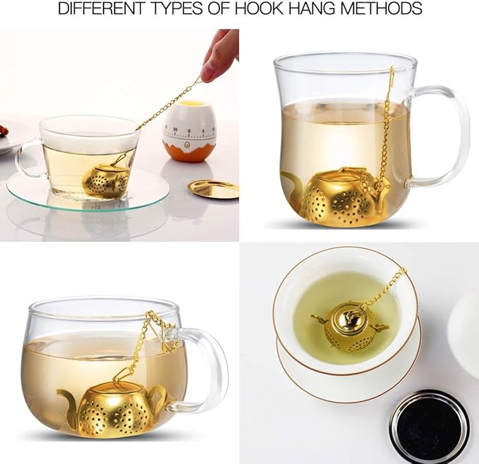 Loose Leaf Tea Infuser Ball Set of 4 Stainless Steel Tea Strainer with Chain and Drip Trays, Tea Filter for Mug and Cup (Gold)