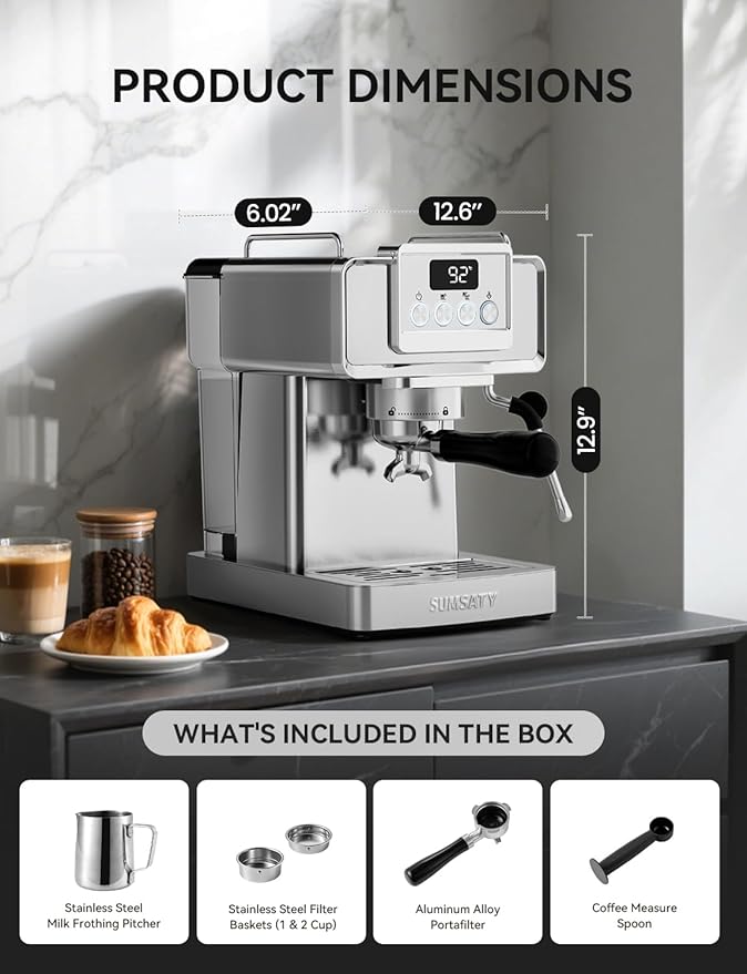 Espresso Machine 20 Bar, Stainless Steel Espresso Maker Professiona Coffee Maker with Power Steam & LED Display for Home Barista, Americano, Latte, Cappuccino Maker, 1.8L Water Tank