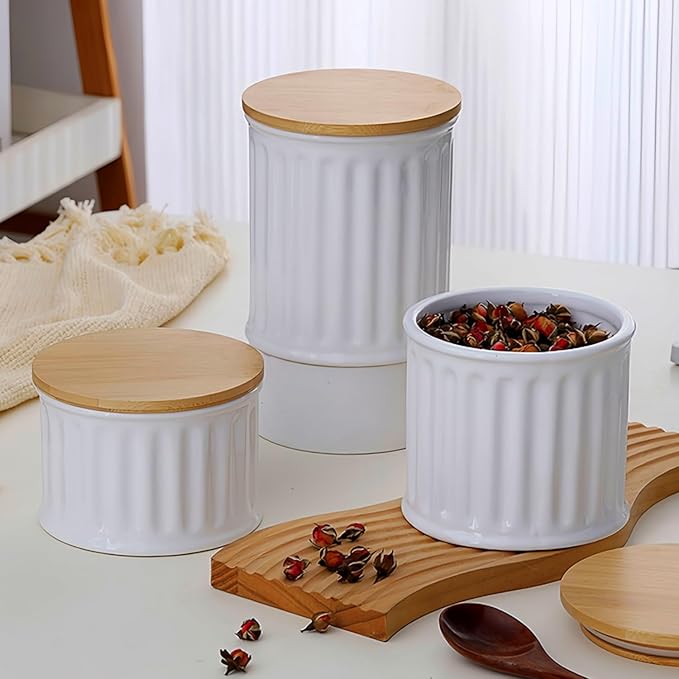 Ceramic Jar with Lid, Airtight 34oz Food Storage Canister for Coffee, Sugar, Tea, Spice, Flour, Decorative Countertop Container, Coffee Canister Sugar Container (White-Stripes)
