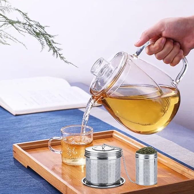 2Pack Infuser Strainer for Loose Tea, Stainless Steel Ball With Chain Hook and Drip Tray, Extra Fine Mesh Filter for Brew, Spices & Seasonings (2Pack, 1.96in+2.95in)