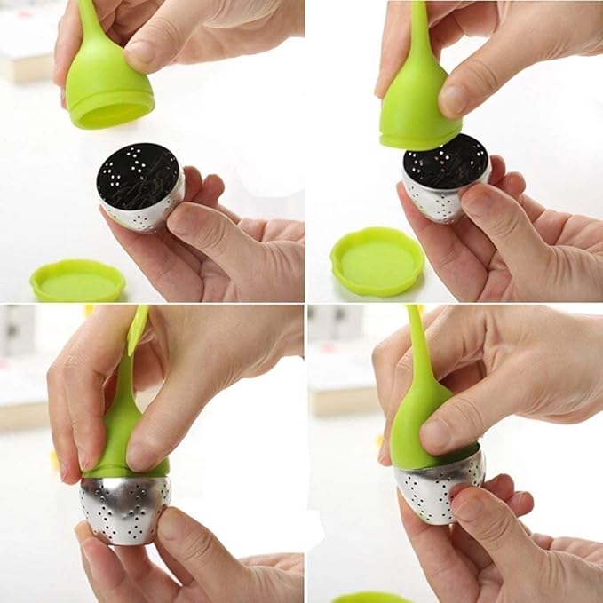 Ball Silicone Tea Infuser Strainer with Drip Tray Handle Steel Ball Silicone Leaf Lid