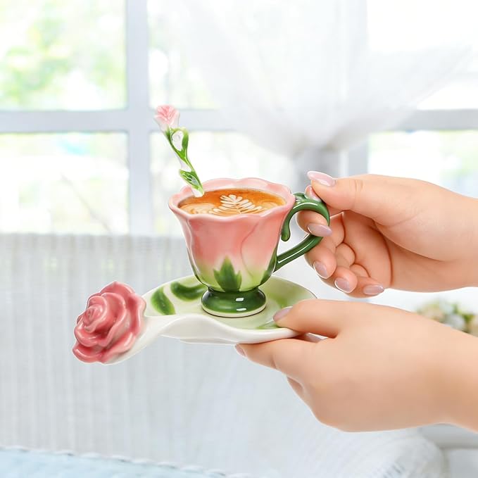 Pink Tea Cups with Saucer and Spoon, 4.5 Oz Small Ceramic Rose Flower Tea Cup Set for Women Girls, Hand Crafted Vintage Coffee Latte Mug, Fancy Teaware for Mother's Day, Birthday Gift, Wedding