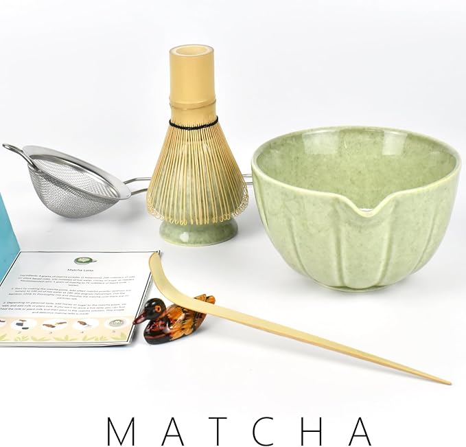 Artcome Japanese Matcha Set, Matcha Bowl with Pouring Spout, Matcha Whisk, Tea Scoop, Whisk Holder, Handmade Matcha Ceremony Kit For Japanese Tea Ceremony