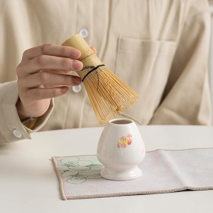 Matcha Tea Set with Plum Blossom Ceramic Bowl, Fine Mesh Strainer and Bamboo Scoop, Traditional Japanese Matcha Accessories for Home Tea Ceremony.